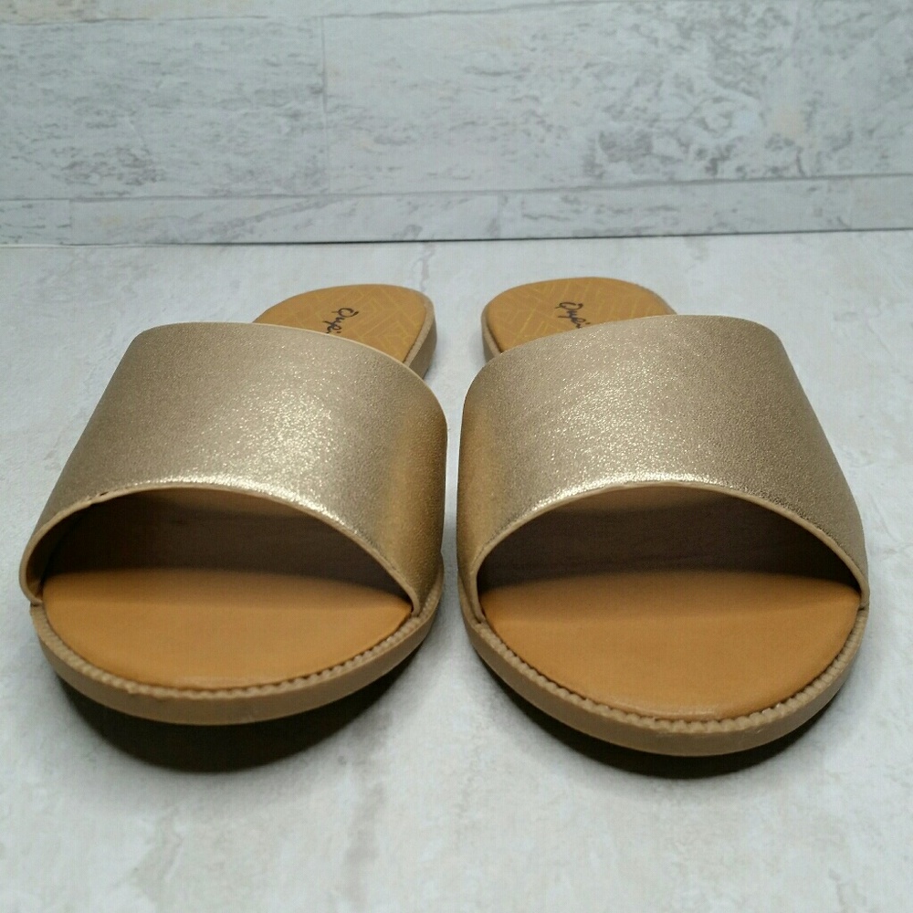 SALE!!!  Sandal Gold Metallic Slide Flat Open-Toe Sandal NEW - Picture 4 of 8